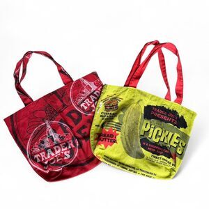 Trader Joe's reusable Pickle Tote Bag and reusable red tote bag